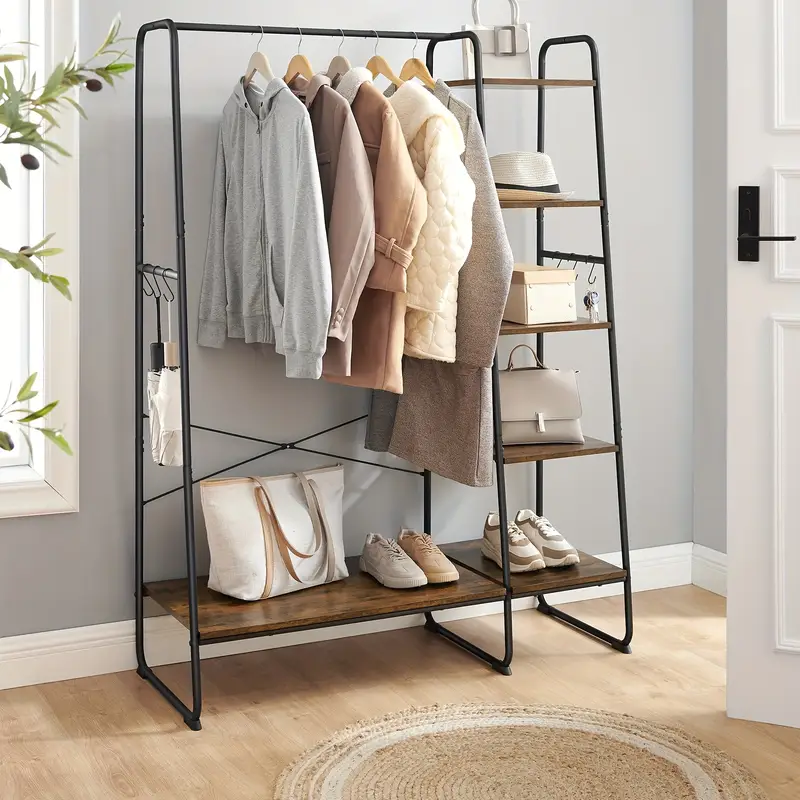 Stojan na šaty, kov / MDF, černá / dekor staré dřevo, EMBER