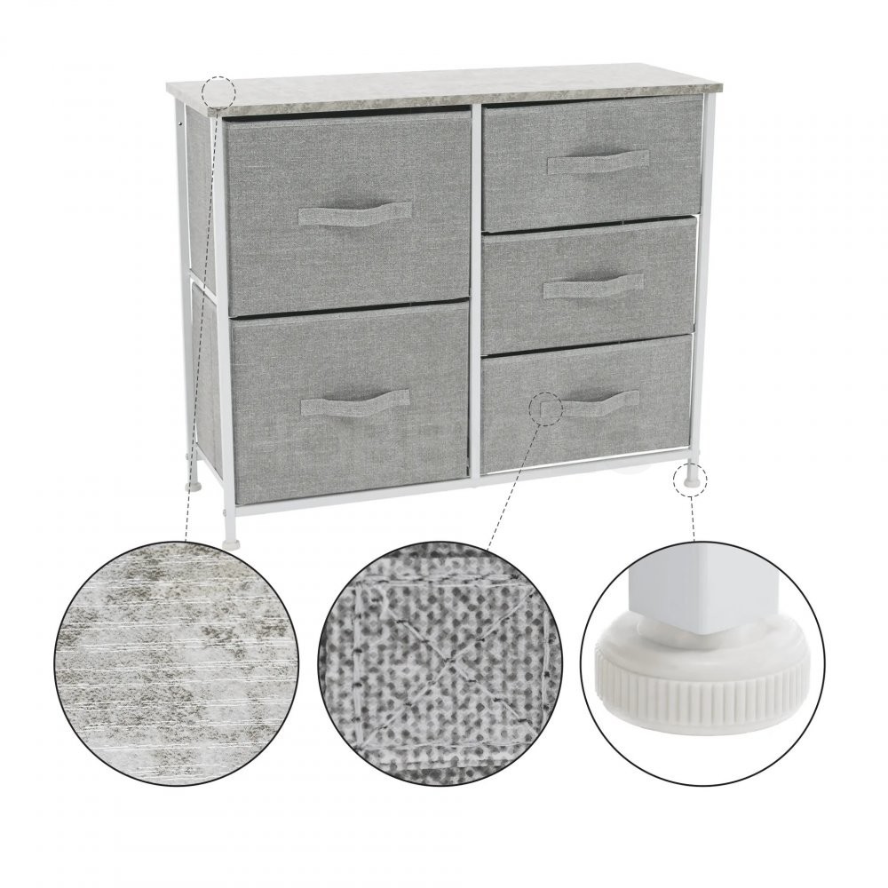 Komoda ROSITA TYP 3, 5 zásuvek, bílá/šedá, látkové šuplíky