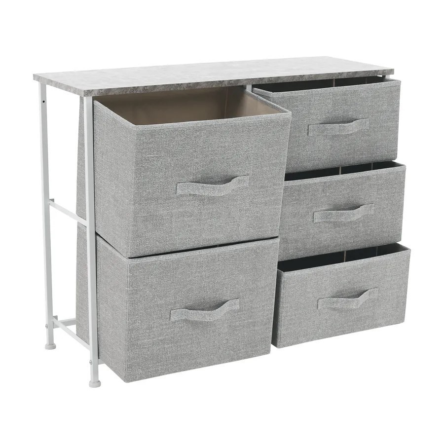 Komoda ROSITA TYP 3, 5 zásuvek, bílá/šedá, látkové šuplíky