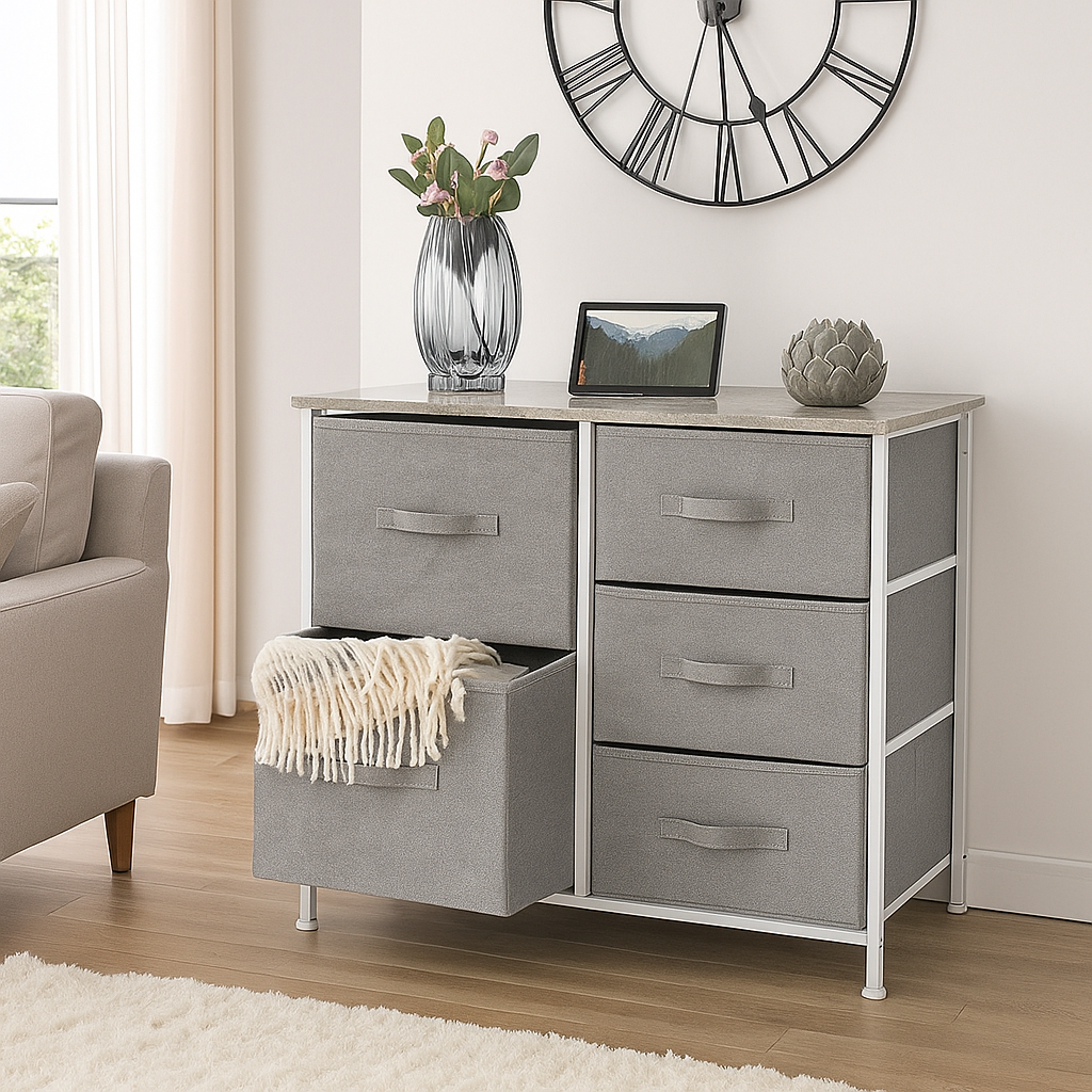 Komoda ROSITA TYP 3, 5 zásuvek, bílá/šedá, látkové šuplíky