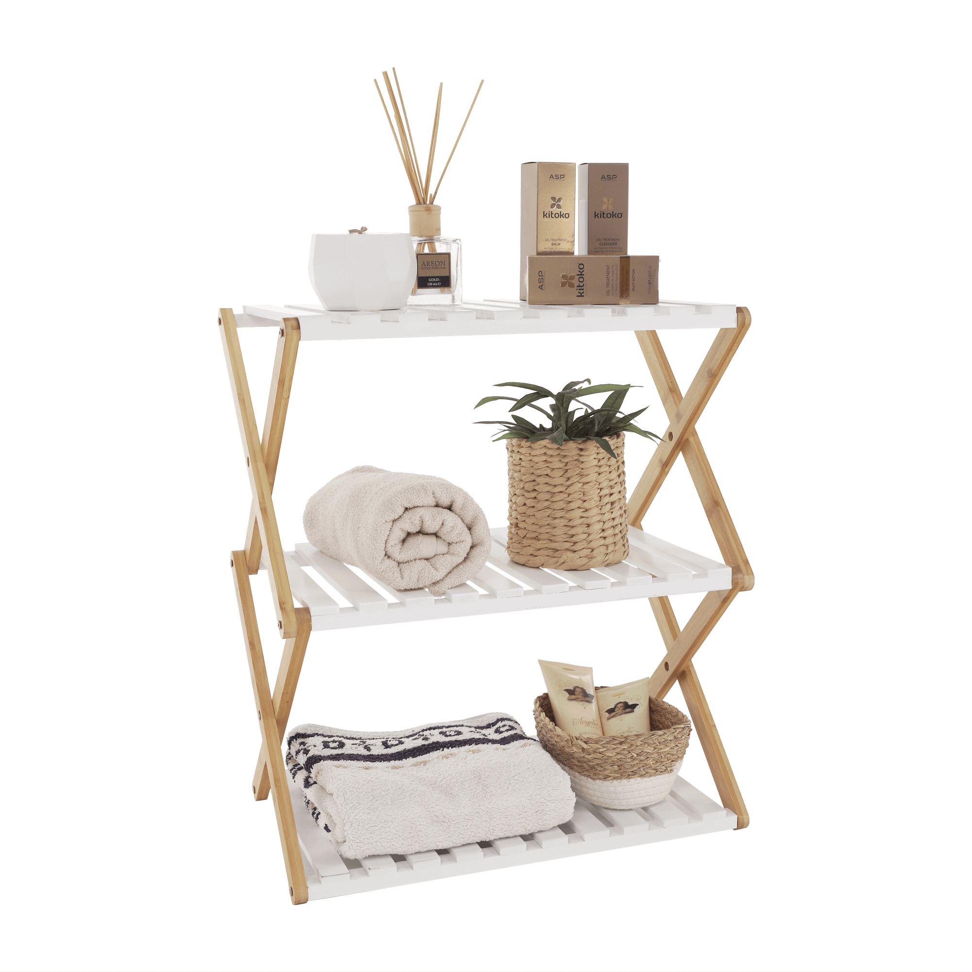 3-poličkový regál, přírodní bambus/bílá, PEORIA TYP 2