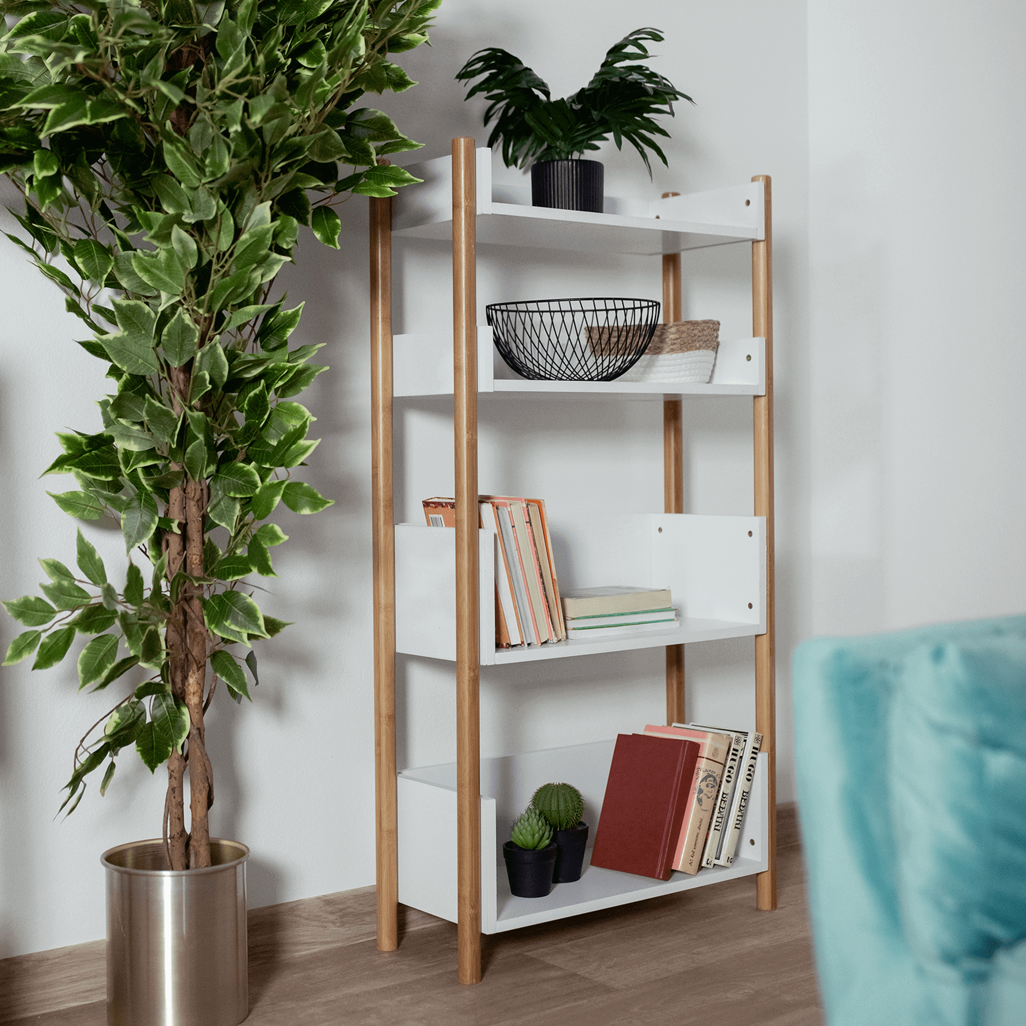 4-poličkový regál, přírodní bambus/bílá, BALTIKA TYP 3