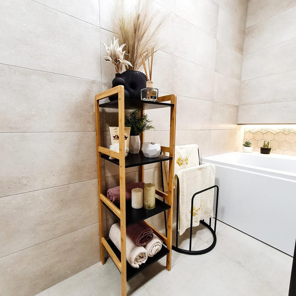 4-poličkový regál, přírodní / černá, NAOKO