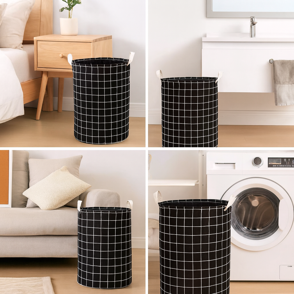 Skládací koš na prádlo kulatý, šedý pléd, PLEJO TYP 3