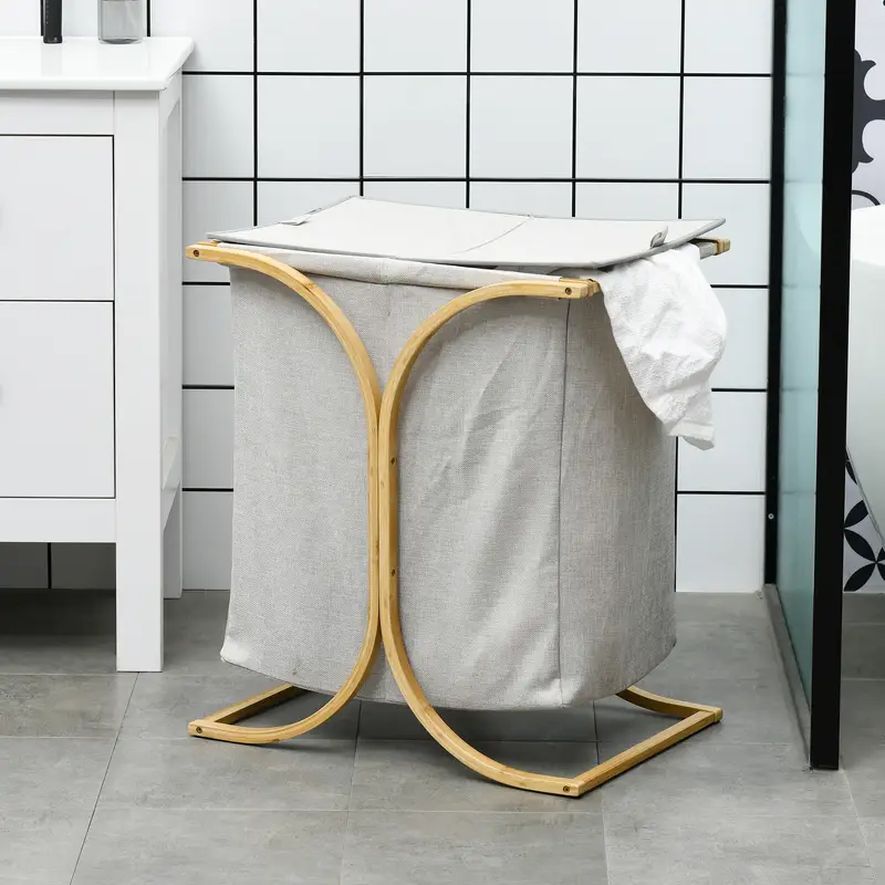 Bambusový koš na prádlo, 2 přihrádky, 55 l, sv.šedá/přírodní, TEX