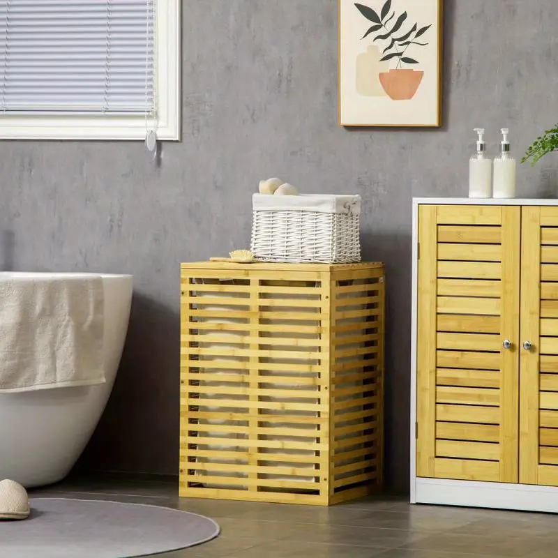 Bambusový koš na prádlo, s víkem, objem 90 l, přírodní, STYLE