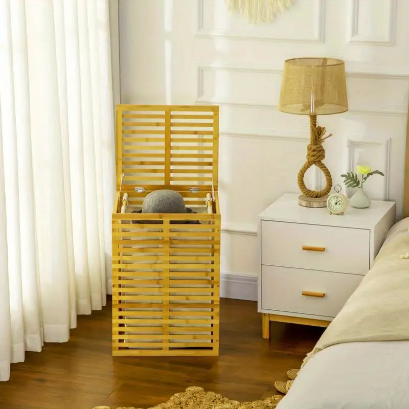 Bambusový koš na prádlo, s víkem, objem 90 l, přírodní, STYLE