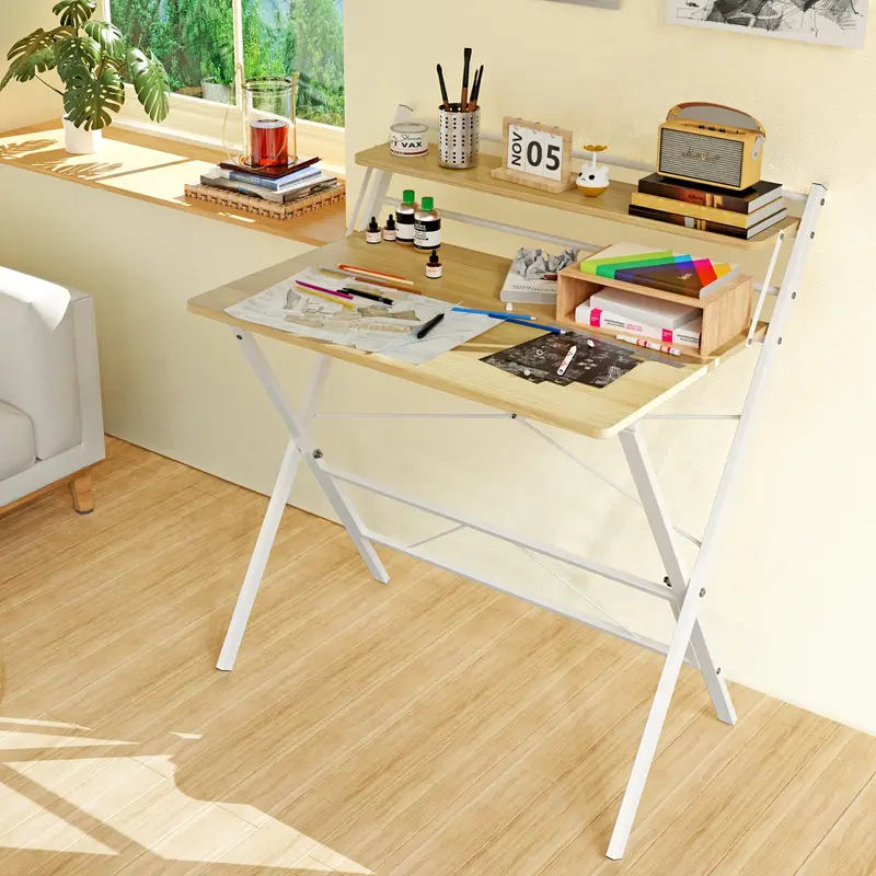 Pracovní, PC stůl skládací, dřevo, kov, rustikal, černá, MAURUS