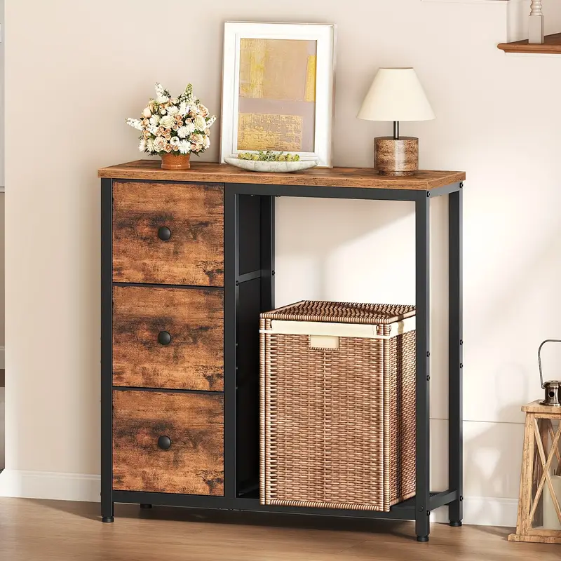 Konzolový stolek, kov, dřevo, látka, černá, dekor staré dřevo, AMYNTAS