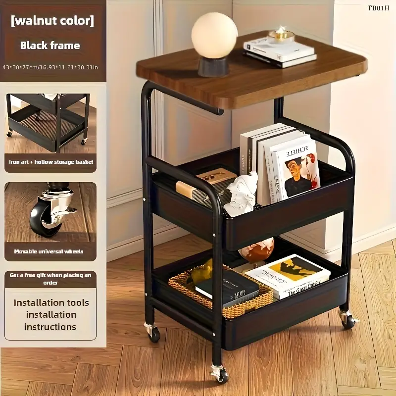 Servírovací stolek, dřevo, kov, ořech, černá, VERMONT