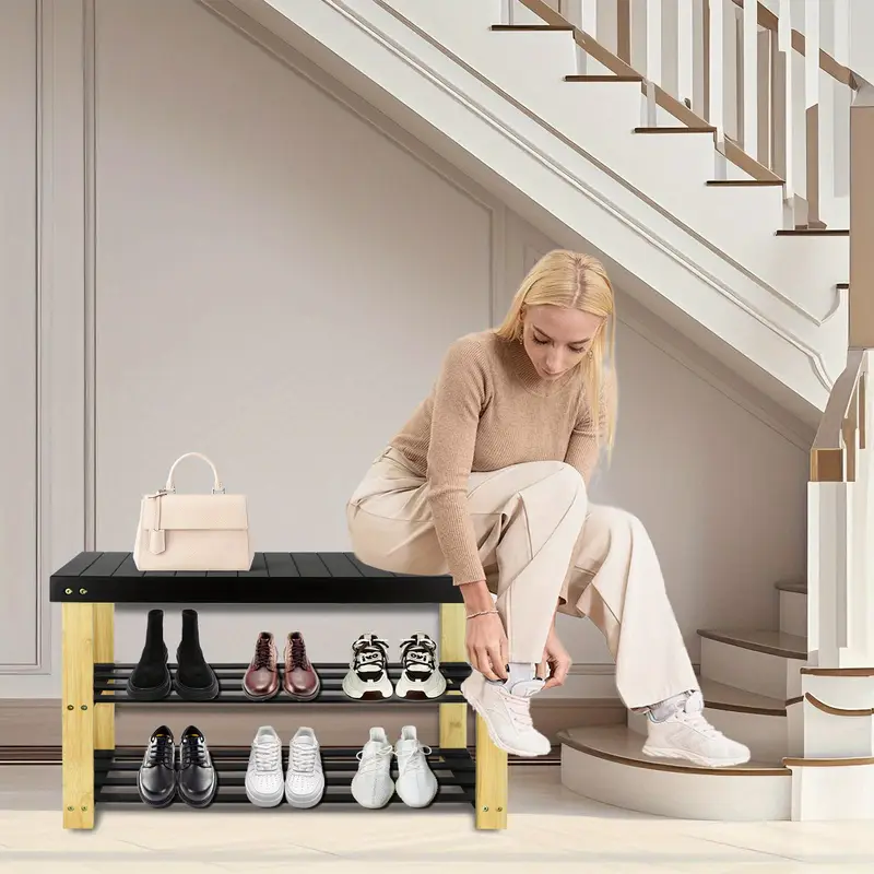 Botník, lavice na boty, dřevo, černá/přírodní, KAPPY