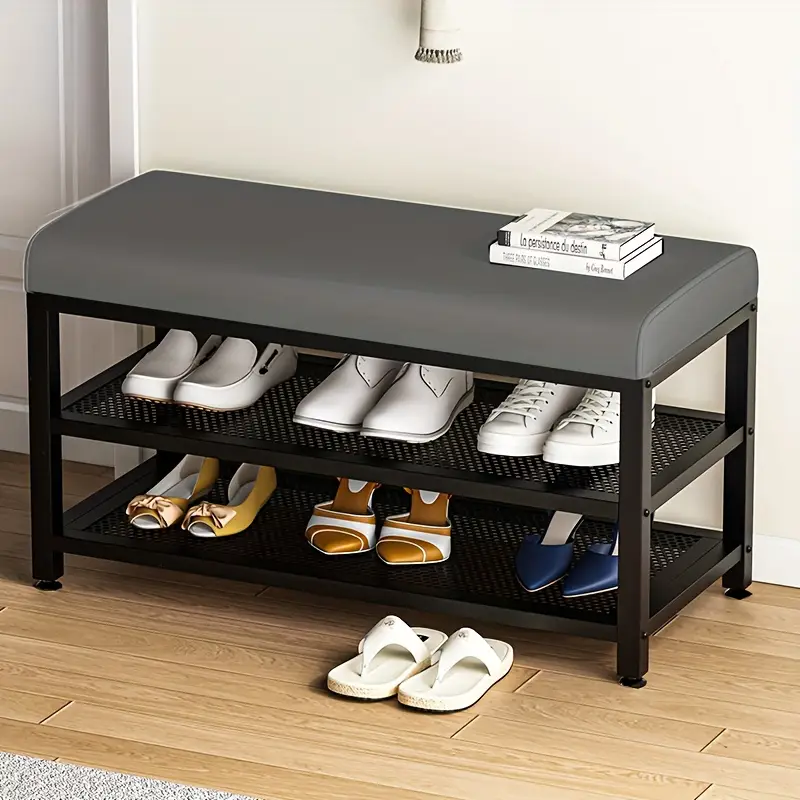 Botník, lavice na boty, kov, ekokůže, šedá, LANGELLA