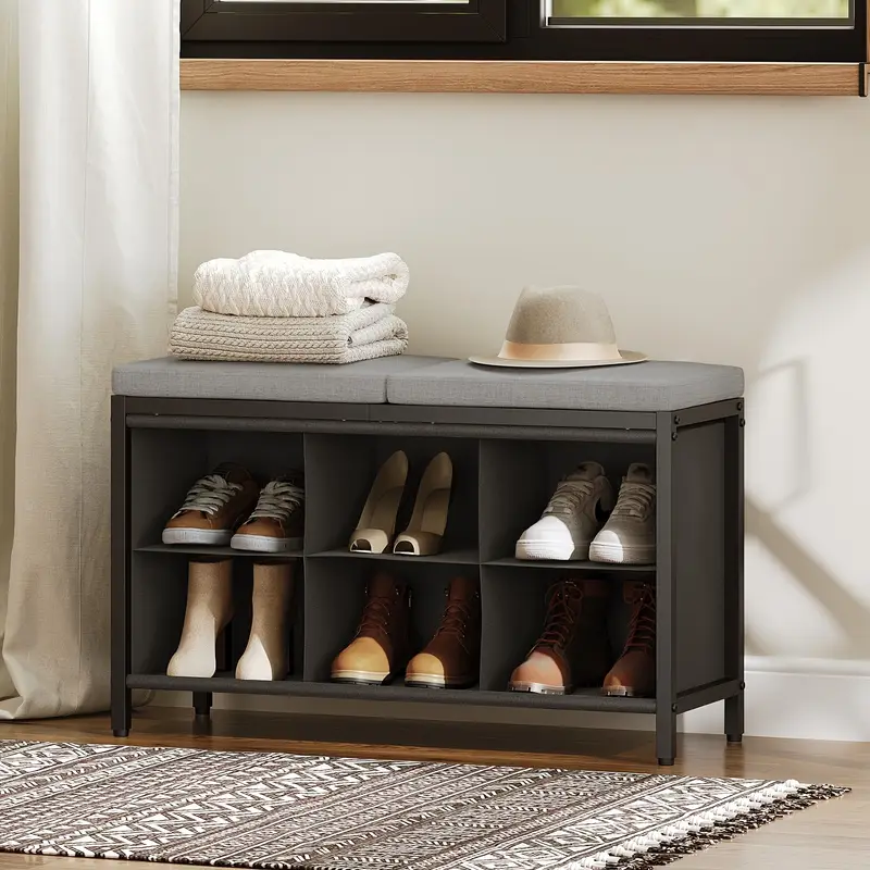 Botník, lavice na boty, kov, látka, černá, šedá, PADOVA