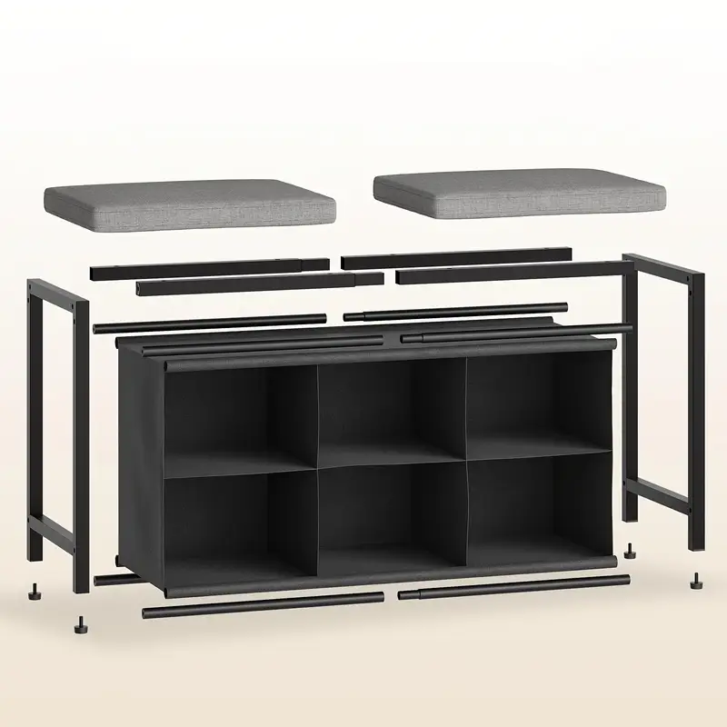 Botník, lavice na boty, kov, látka, černá, šedá, PADOVA