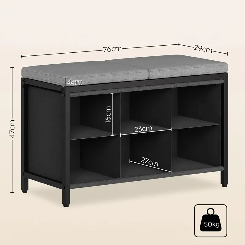 Botník, lavice na boty, kov, látka, černá, šedá, PADOVA