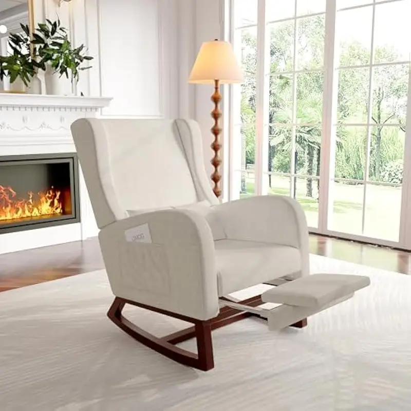 Křeslo relaxační, houpocí, s podnožkou, dřevo tmavé, látka béžová, SAFORD