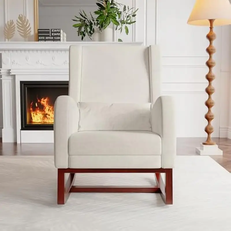 Křeslo relaxační, houpocí, s podnožkou, dřevo tmavé, látka béžová, SAFORD