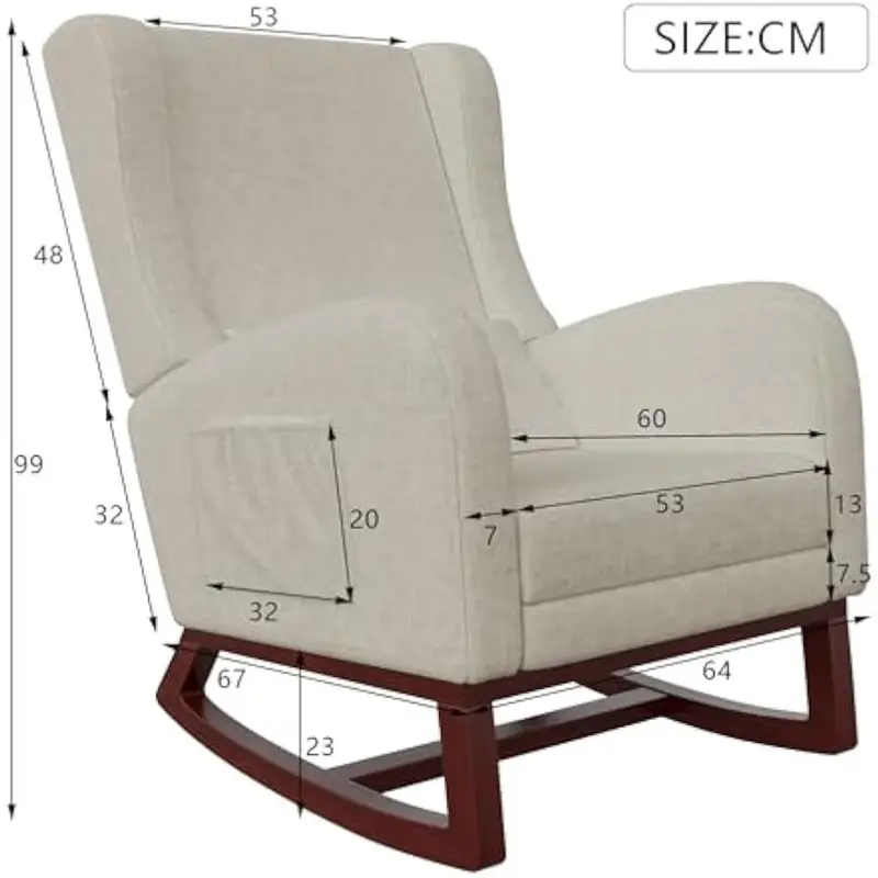 Křeslo relaxační, houpocí, s podnožkou, dřevo tmavé, látka béžová, SAFORD