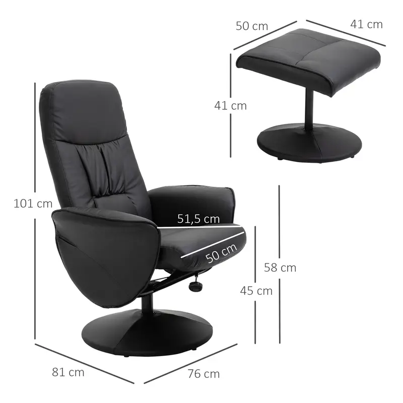 Křeslo relaxační, otočné, s podnožkou, ekokůže černá, AUREL 3