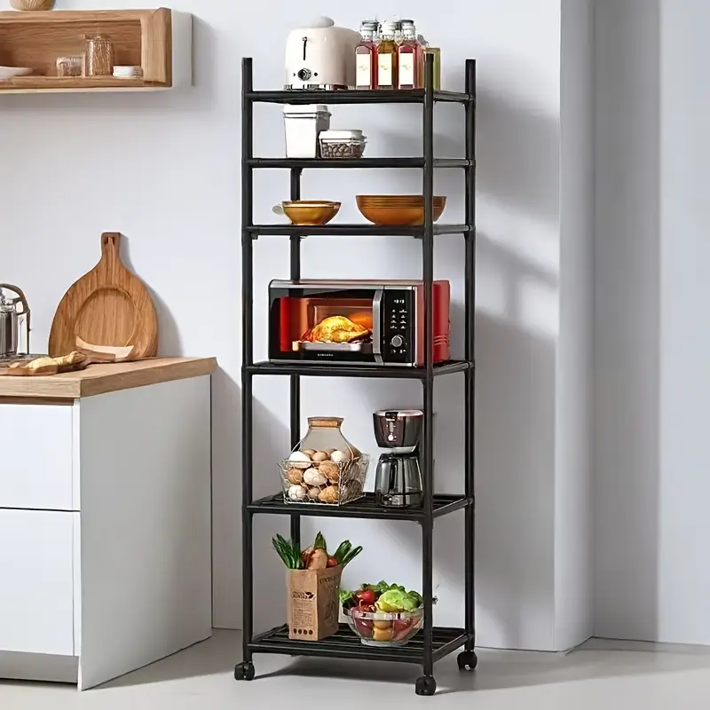 Servírovací stolek, regál, kolečka, kov, plast, černá, OXFORD