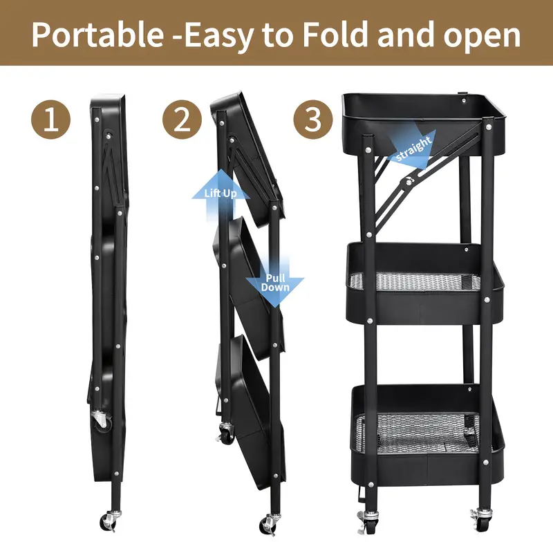 Servírovací stolek, skládací, kolečka, kov, černá, TOTENHAM