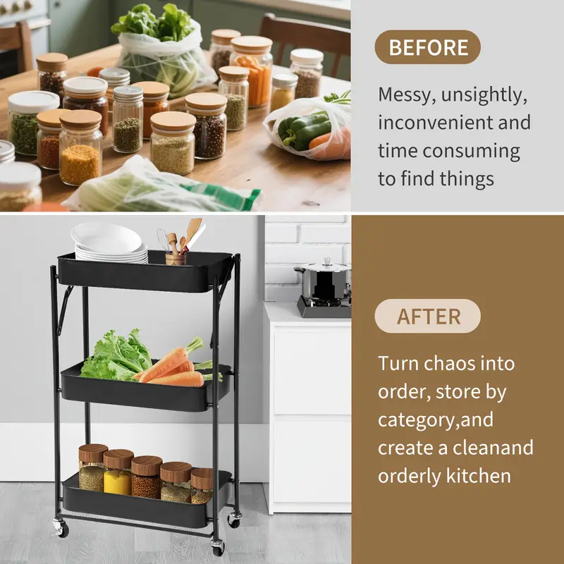 Servírovací stolek, skládací, kolečka, kov, černá, TOTENHAM