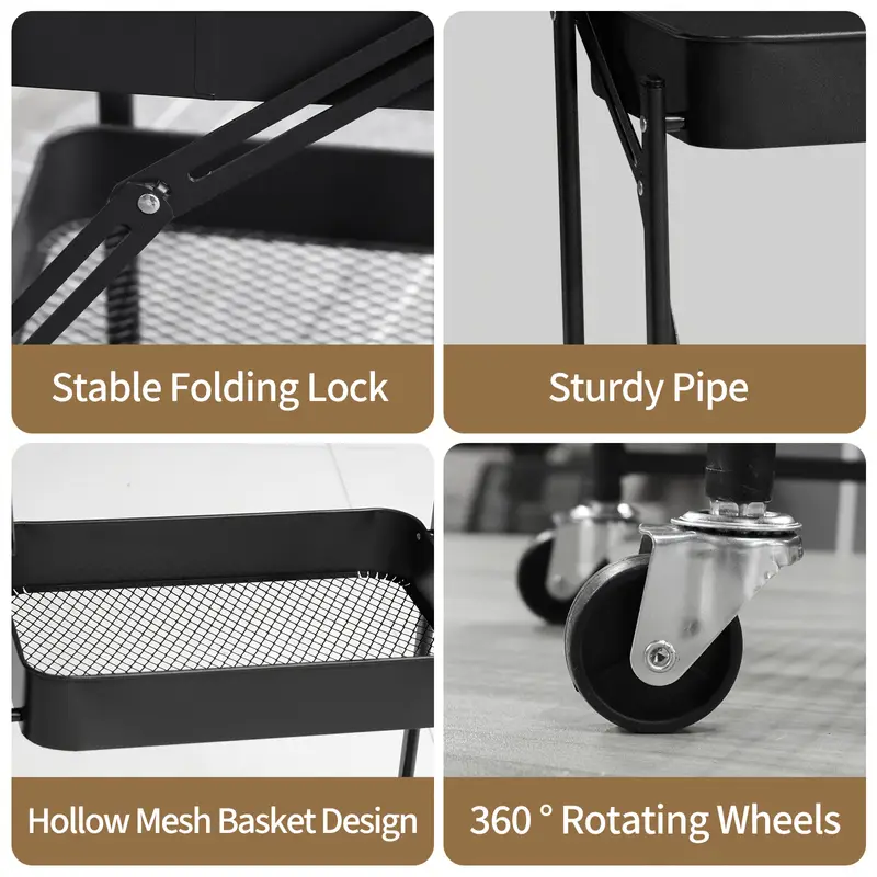 Servírovací stolek, skládací, kolečka, kov, černá, TOTENHAM