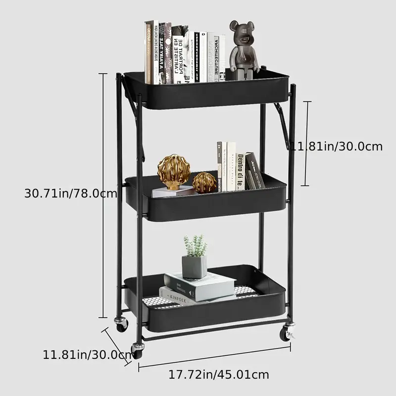 Servírovací stolek, skládací, kolečka, kov, černá, TOTENHAM