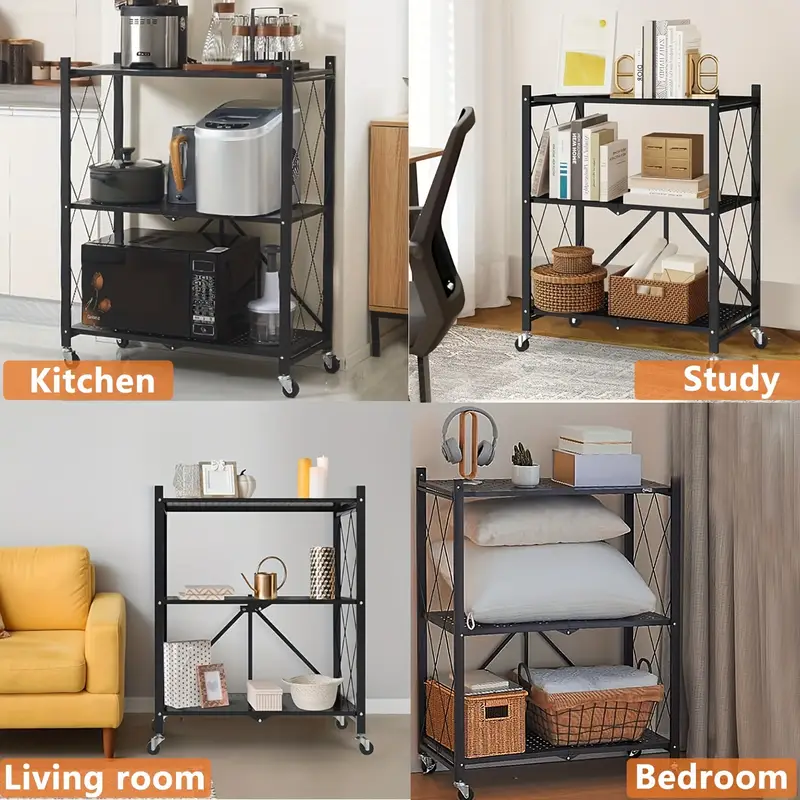 Servírovací stolek, skládací, kolečka, kov, černá, AUSTIN