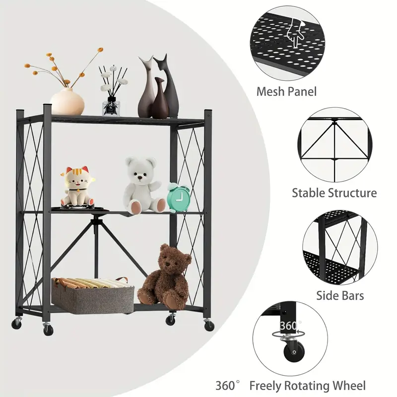 Servírovací stolek, skládací, kolečka, kov, černá, AUSTIN