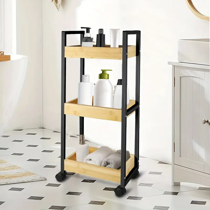 Servírovací stolek, kolečka, kov, bambus, plast, černá, přírodní, PARIS