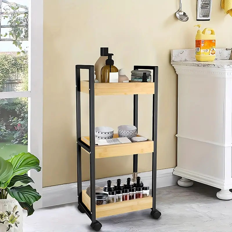 Servírovací stolek, kolečka, kov, bambus, plast, černá, přírodní, PARIS