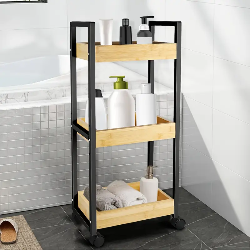 Servírovací stolek, kolečka, kov, bambus, plast, černá, přírodní, PARIS