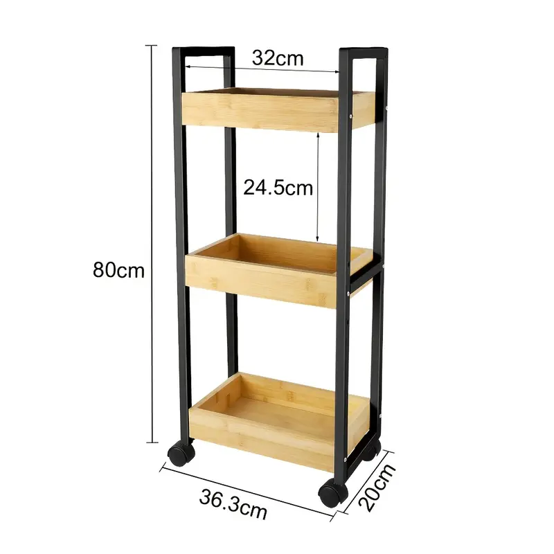 Servírovací stolek, kolečka, kov, bambus, plast, černá, přírodní, PARIS