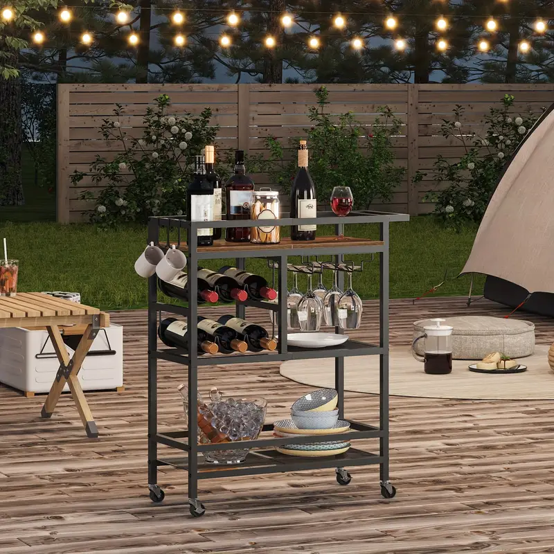 Servírovací stolek, kolečka, kov, dřevo, černá, vintage hnědá, MONAKO