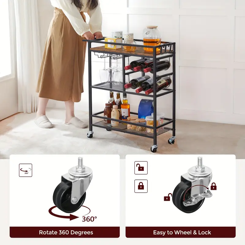 Servírovací stolek, kolečka, kov, dřevo, černá, vintage hnědá, MONAKO