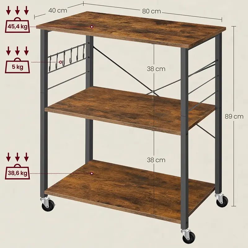 Servírovací stolek, kolečka, kov, dřevo, černá, vintage hnědá, JAKARTA