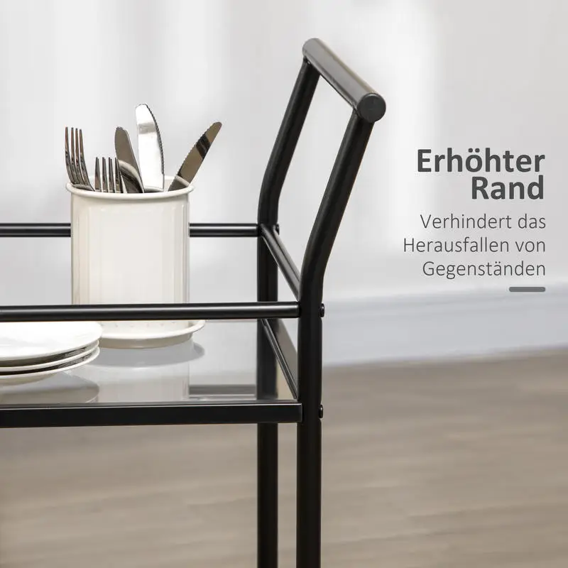 Servírovací stolek, kolečka, kov, tvrzené sklo, černá, sklo čiré, EMPOLI