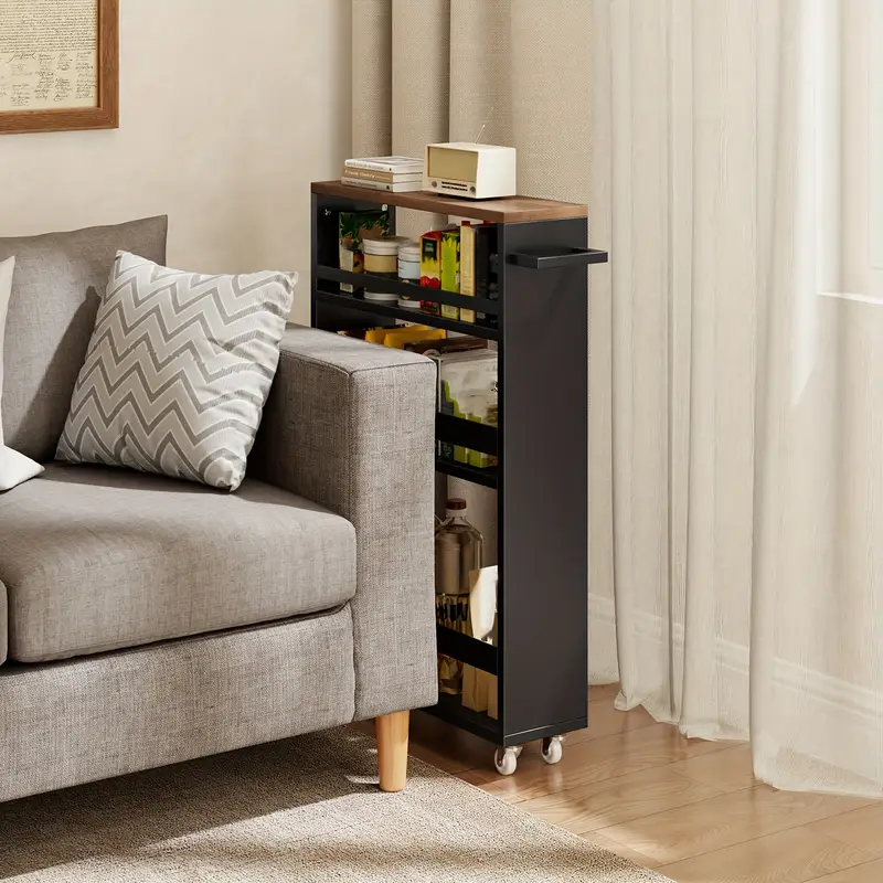 Servírovací stolek, kolečka, MDF, černá/hnědá, RUMBAS