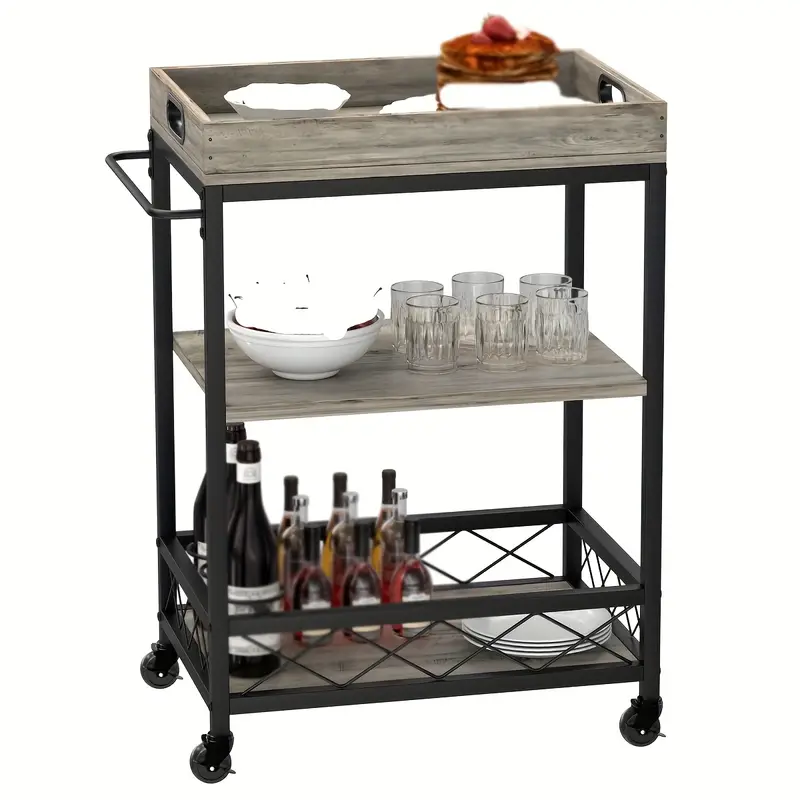 Servírovací stolek, kolečka, kov, dřevo, černá, šedá, HORAND