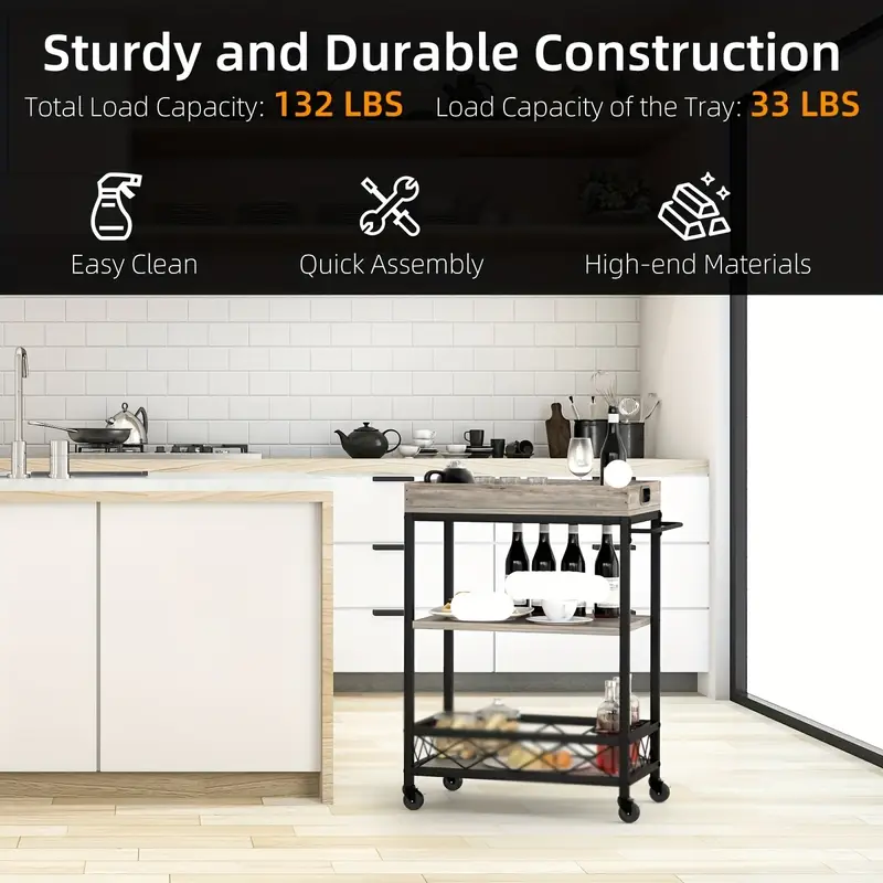 Servírovací stolek, kolečka, kov, dřevo, černá, šedá, HORAND