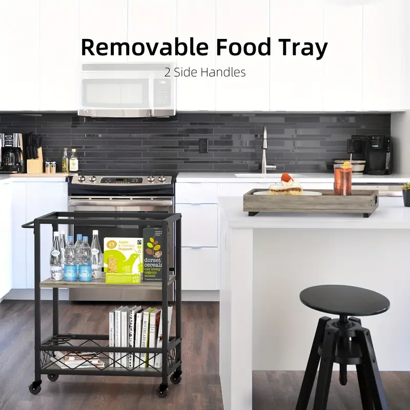 Servírovací stolek, kolečka, kov, dřevo, černá, šedá, HORAND