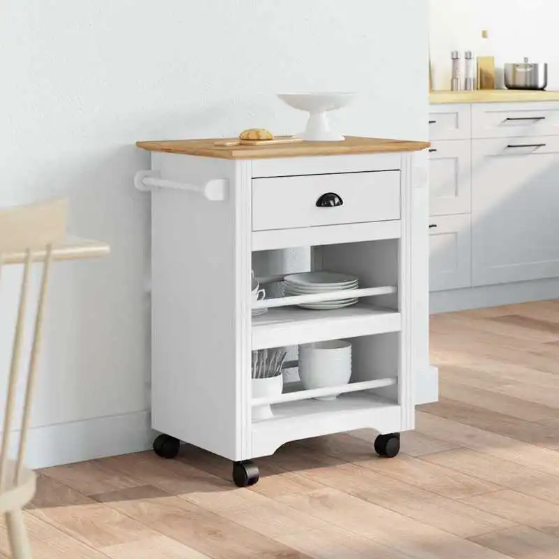 Servírovací stolek, kolečka, dřevo, bílá, hnědá, NORMAN