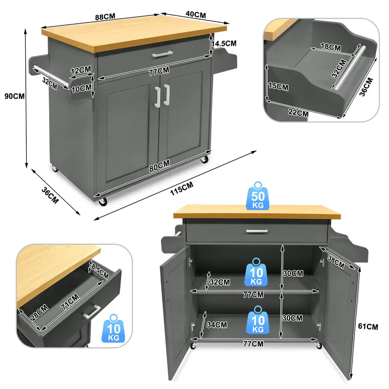 Servírovací stolek, kolečka, kov, dřevo, šedá/buk, ERIK