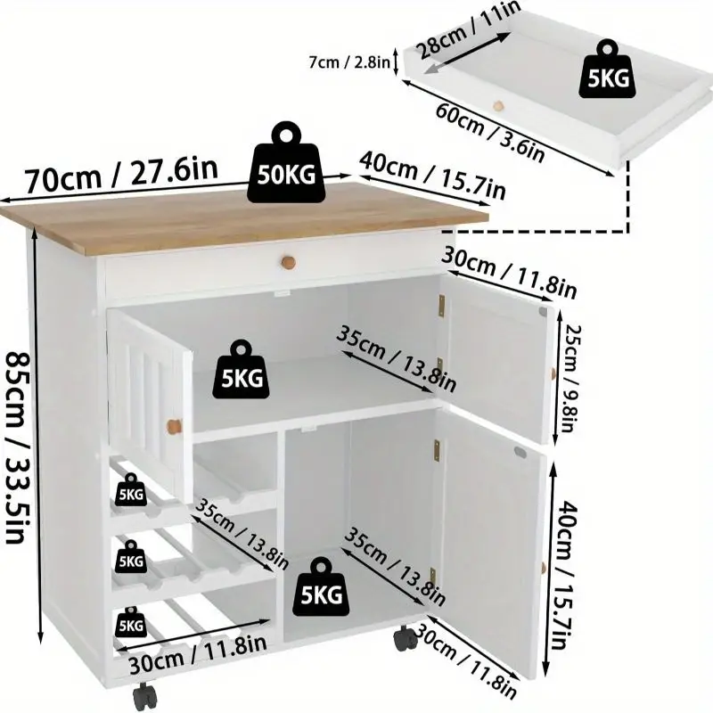 Servírovací stolek, kolečka, dřevo, bílá/buk, DUBAJ