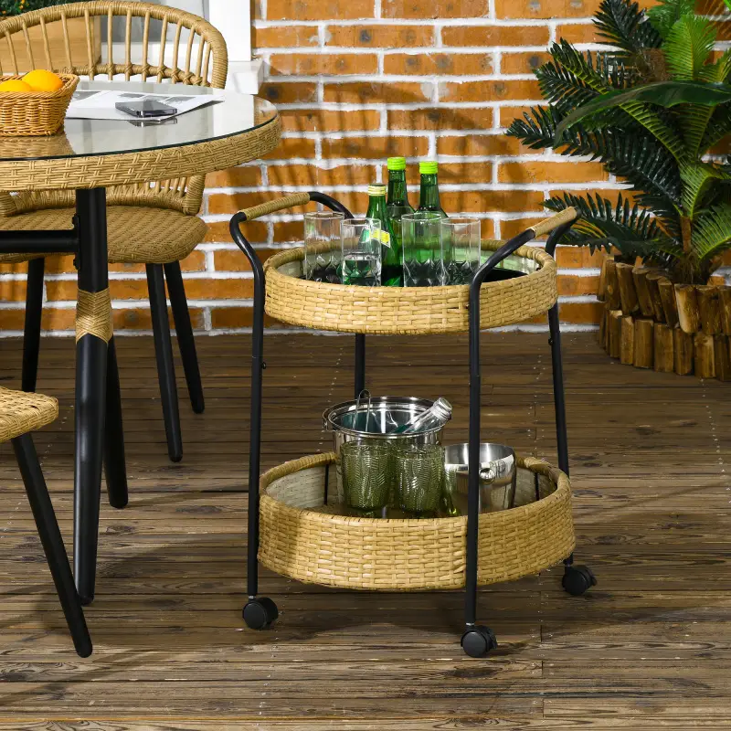 Servírovací stolek, kolečka, kov, dřevo, ratan, černá, přírodní, DANIKA