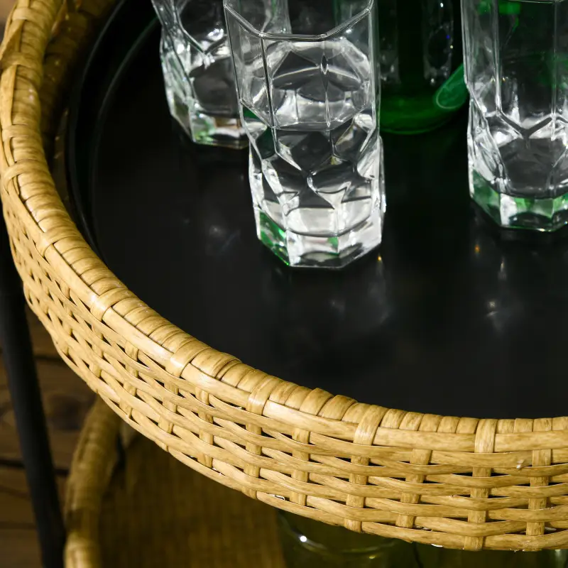 Servírovací stolek, kolečka, kov, dřevo, ratan, černá, přírodní, DANIKA