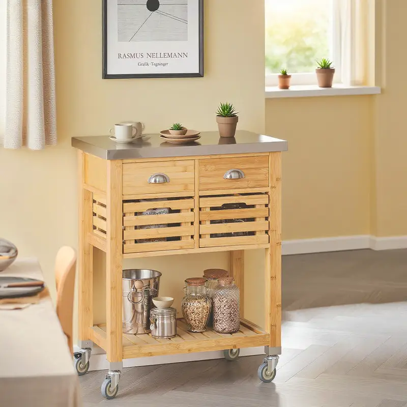 Servírovací stolek, kolečka, kov, dřevo, nerez, MALORKA