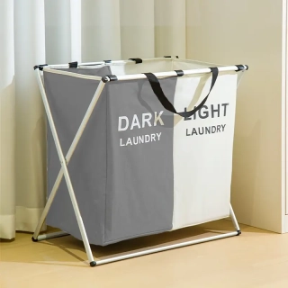 Skládací koš na prádlo 2 přihrádky, šedá, bílá, TOTA