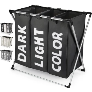 Skládací koš na prádlo s 3 přihrádkami a X-rámem, černá, LAUNDRY TYP 3
